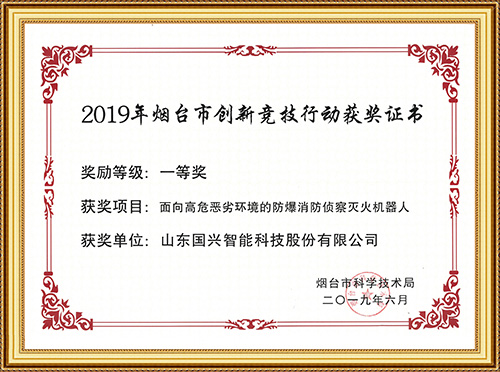 2019年烟台市创新竞技行动获奖证书一等奖