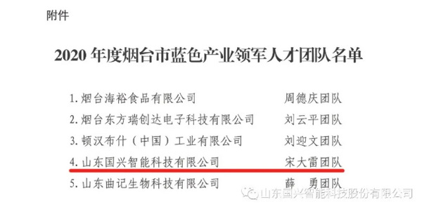热烈祝贺国兴智能入围“2020年度烟台市蓝色产业领军人才团队”